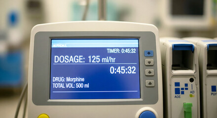 Medical infusion pump with dosage and timer display showing morphine medication