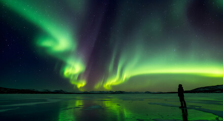 Magical Aurora Borealis dancing over frozen lake with vibrant green and purple reflections at night