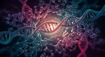 Abstract DNA double helix and molecular structures. Genetic code, biology, and scientific innovation concept.