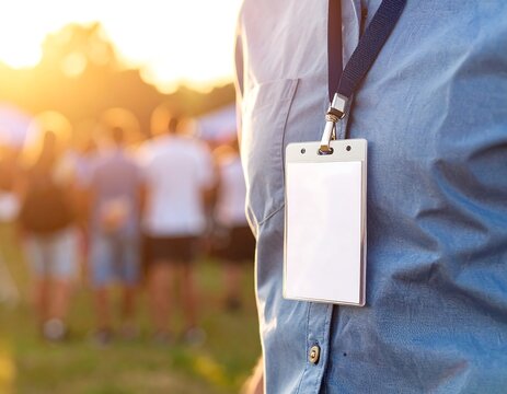 Event Attendee with Blank Badge at Outdoor Festival