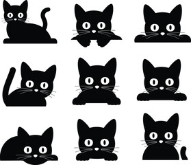 Cute black cat silhouette icons, various poses and expressions, playful feline illustrations, cartoon pets, animal graphics, digital clipart collection, kitten designs