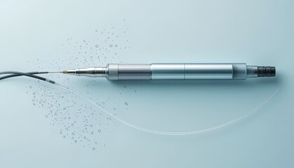 Naklejka premium A metallic medical device, meticulously detailed, rests on a light blue surface, accented by water droplets.