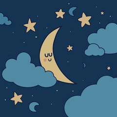 Cute Night Sky Illustration with Smiling Crescent Moon, Stars, and Clouds