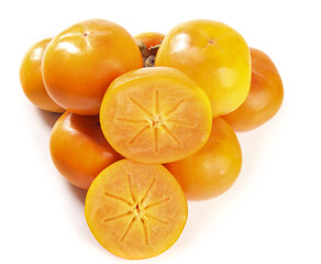 Fresh Orange Persimmons Whole and Sliced on White Background