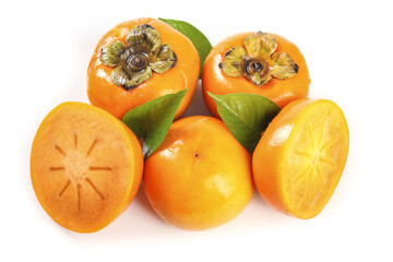 Fresh Fuping Persimmons Whole and Sliced on White Background