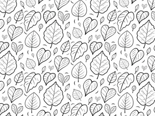 Black and White Seamless Leaf Pattern with Hand Drawn Botanical Elements