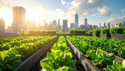 Rooftop Farm with New York City Skyline at Sunset