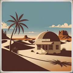 Obraz premium Vintage desert scene with Cactus Brew shop, palm tree, and iconic southwestern landscape