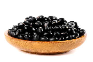 Fresh Black Beans in Wooden Bowl on White Background