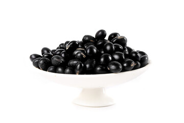Black Soy Beans on White Plate - Healthy Protein Grains Background