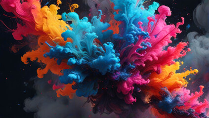 Horizontal cloud of colorful powder and smoke, isolated on black background.