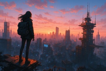 Fototapeta premium 未来都市の風景を眺める女性の後ろ姿