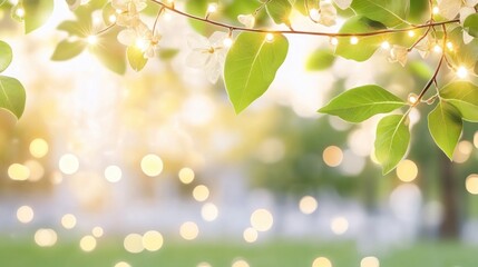 Obraz premium Luminous Garden: Leaves, Blossoms, and Bokeh Lights in Soft Focus