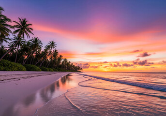 Tropical beach at sunset with palm trees and calm ocean waves.