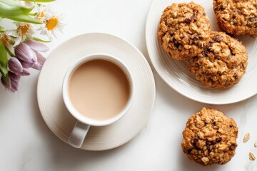 Freshly baked oatmeal cookies with cup of coffee on marble table surrounded by flowers in soft warm light