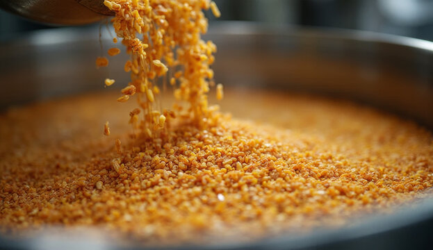 Close-up of malt grains being poured into a stainless steel mash tun, texture and color detailed, ideal for brewing visuals, beer tutorials, and craft beverage content