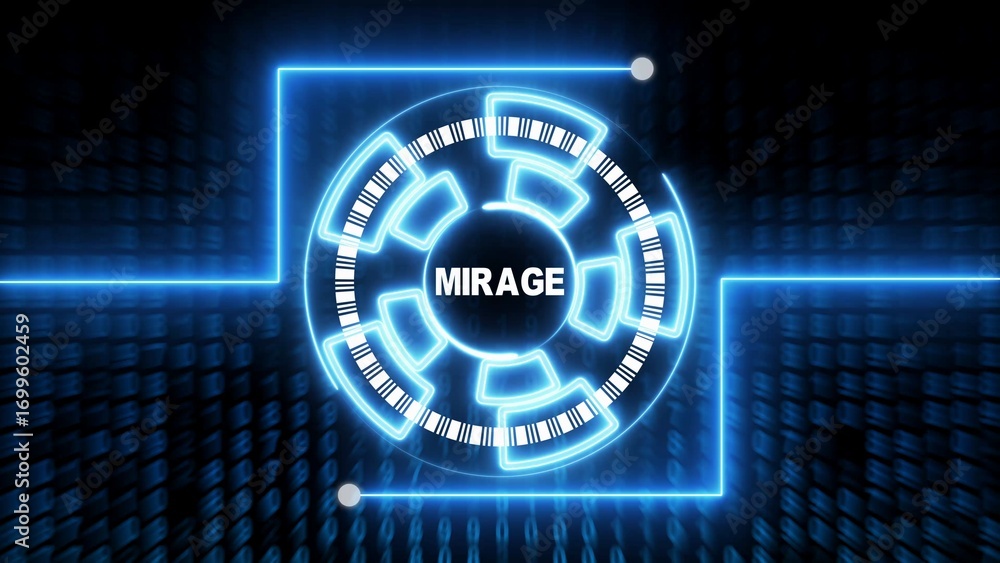 Poster blue neon circular interface with binary code background and mirage text technology futuristic
