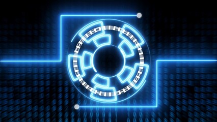 Blue Neon Futuristic Circular Interface with Binary Code Background abstract computer
