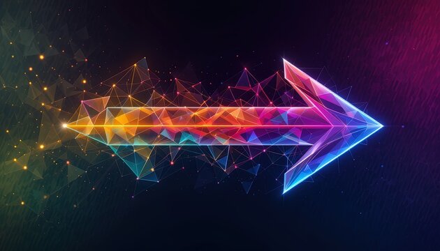 A vibrant, multifaceted arrow, rendered in a geometric style with glowing, colorful polygons and interconnected points, directs the viewer's eye across a dark background.