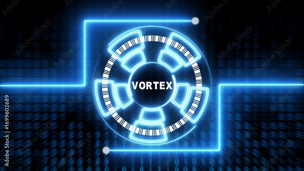 Poster futuristic neon blue digital vortex interface with binary code background technology