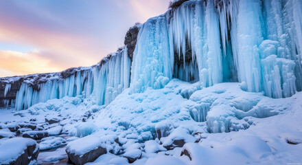 Majestic frozen waterfall cascades with icy blue formations and soft pastel sky at dawn