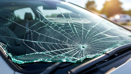 Broken windshield with spiderweb pattern of cracks