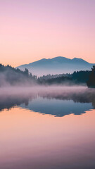 Fototapeta premium Tranquil misty lake scene with mountain silhouette and vibrant sunrise colors reflecting
