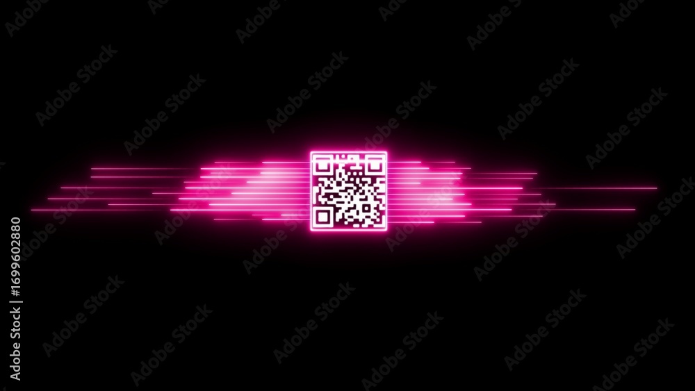 Poster glowing pink neon qr code with streaking lines on black background qr code technology