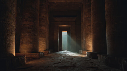 Ancient temple corridor, stone columns, sunlight streaming, mysterious atmosphere, historical architecture, textured walls