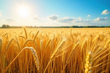 Golden wheat field shimmering under a summer sun, swaying gently in the breeze Vast expanse of ripe, ready-for-harvest grain Rural landscape, agricultural scene , nature, landscape