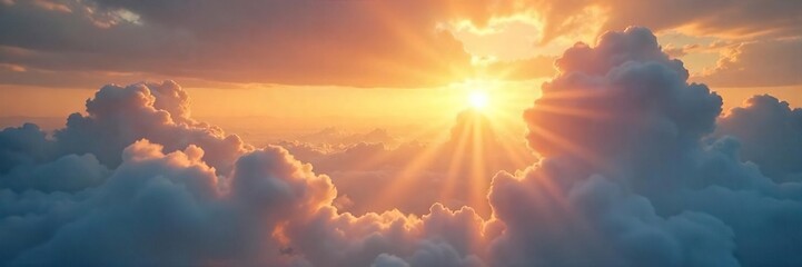 Fototapeta premium Golden sunlight streams through gaps in fluffy clouds, illuminating a serene landscape Perfect for backgrounds, nature themes, and peaceful imagery , sunlight, blue sky