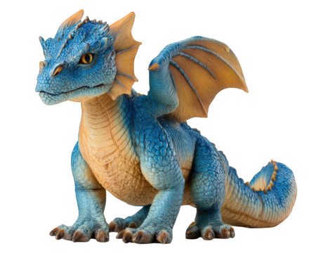Blue dragon toy fantasy figure with detailed scales, orange wings, and expressive eyes, perfect for imaginative play or fantasy decor, evokes sense of wonder and adventure