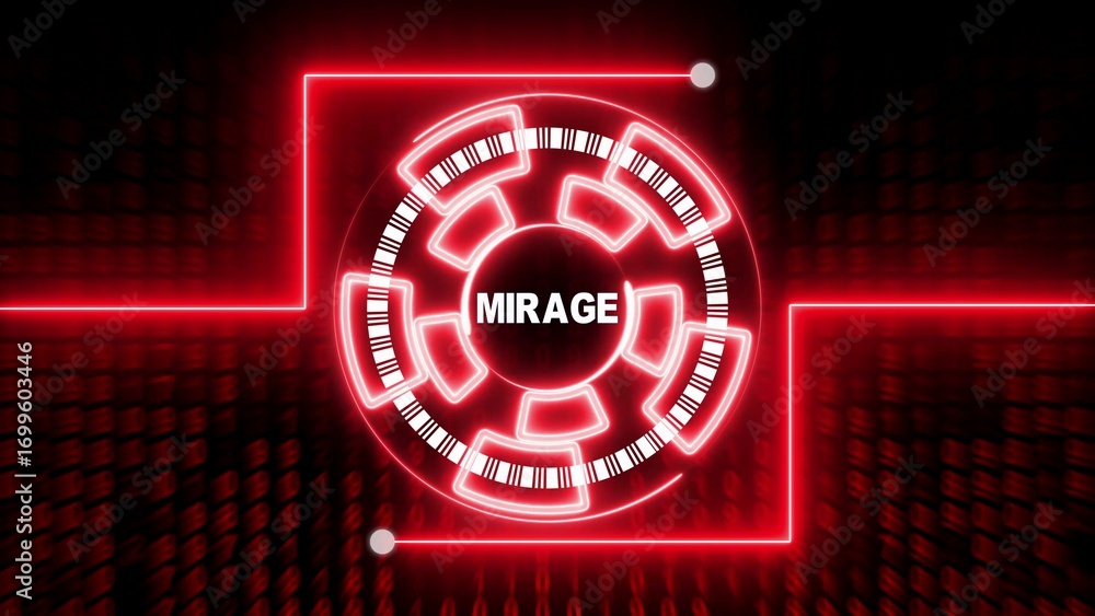 Poster red neon circular interface with binary code background and mirage text technology futuristic