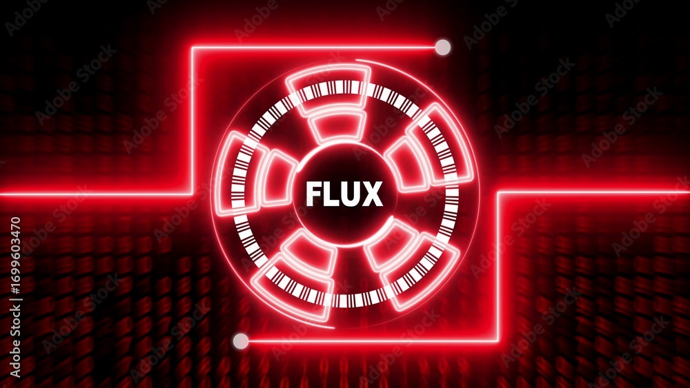 Poster red neon futuristic hud element with flux text and binary code background glowing