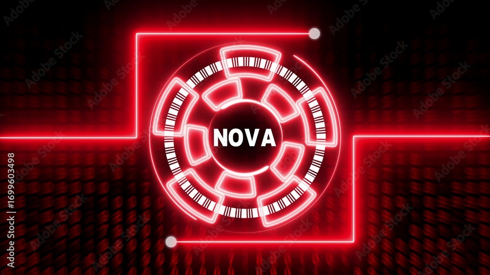 Poster red neon futuristic hud element with nova text and binary code background glowing