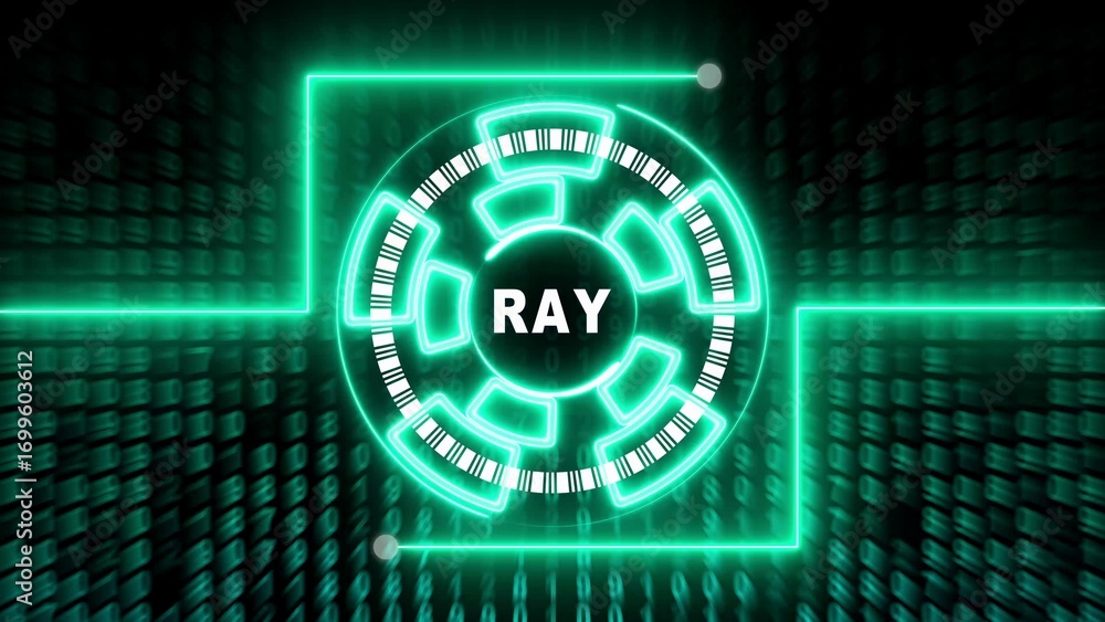 Poster vibrant cyan neon futuristic hud interface with ray text and binary code background image photo