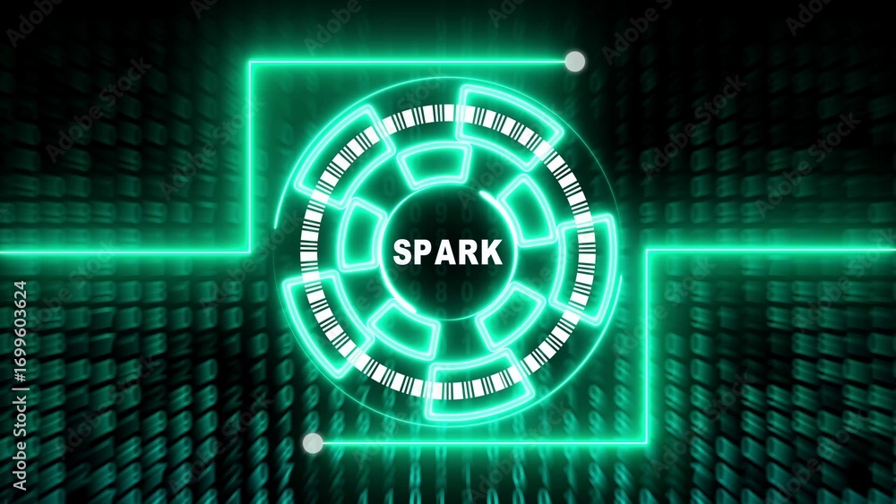 Poster vibrant green neon circular interface with binary code background and spark text technology digital