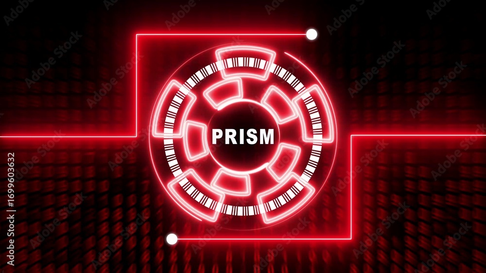 Poster vibrant red neon circle with barcode segments and binary code background glowing circular