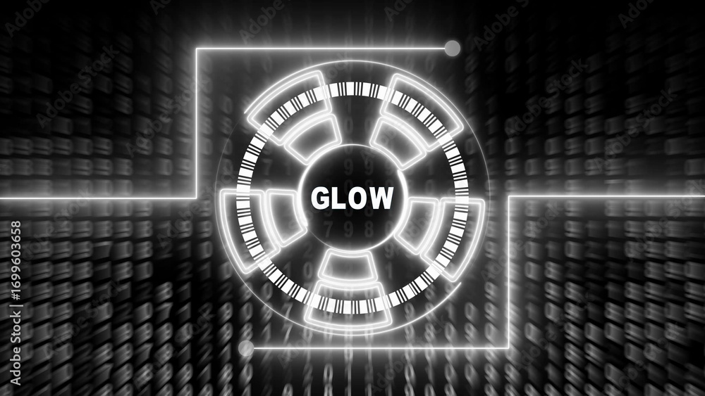 Poster white neon circle hud element with binary code background and glow text technology futuristic