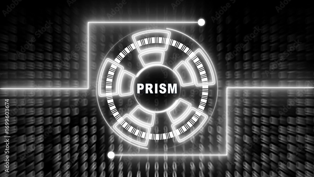 Poster white neon circle with barcode segments and binary code background glowing circular