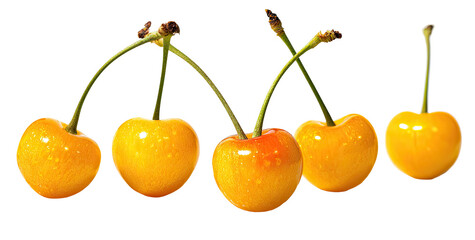 Five vibrant yellow cherries, each with a stem, arranged in a slightly staggered horizontal row. ...