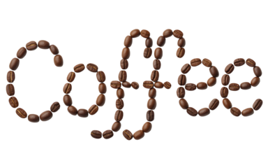 The word "Coffee" made from coffee beans, isolated on white background png.

