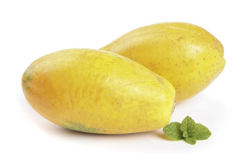 Fresh Ripe Yellow Papayas with Mint on White Background - Tropical Fruit Photography
