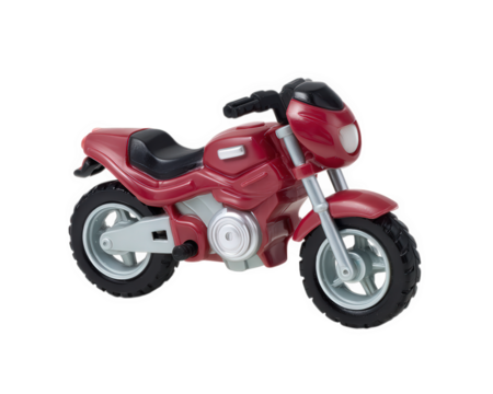 Red plastic toy motorcycle isolated on transparency background features detailed design black seat silver wheels and handlebars perfect for children playful and cheerful appearance