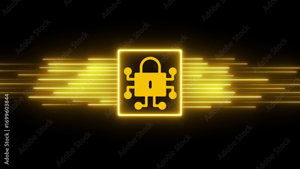 Poster yellow neon padlock chip icon in square frame with streaking light lines on black background securit