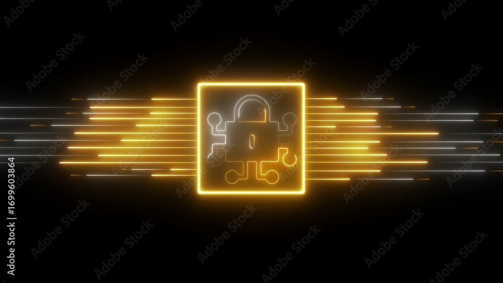 Poster yellow neon padlock and circuit board icon glowing in a square frame with abstract light streaks on 