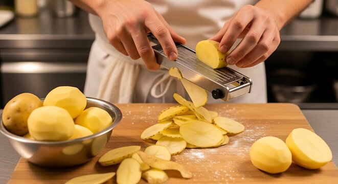 Fresh potato chips preparation with thin slices on cutting board