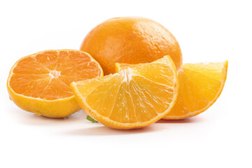Fresh Orange Slices and Whole Oranges Isolated on White Background