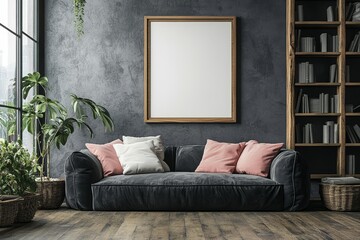 Rustic sofa with pink pillows against window near grey wall with poster frame and wooden bookcase, scandinavian home interior design of modern living room, Generative AI