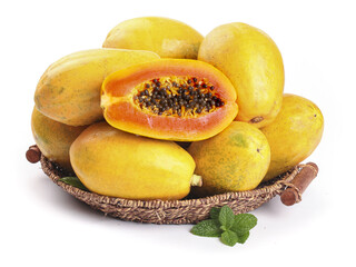 Fresh Ripe Papaya Fruits in Wicker Basket Cut Half Showing Seeds White Background